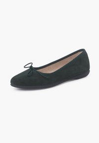 Bailarinas de ante verde con punta redondeada, que presentan un pequeño detalle de lazo en la parte frontal y una suela de goma negra.