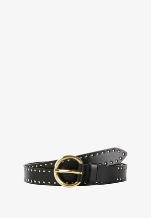 Black leather belt with gold stud detailing and a round gold buckle, coiled against a white background.