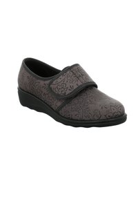 Gray slip-on shoe with floral pattern, velcro strap, smooth texture, and contoured black sole.