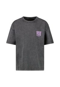 Grijze katoen t-shirt met korte mouwen, ronde halslijn en paarse tekst "GROW WITH LOVE" op de borst. Heeft een relaxte pasvorm en een casual ontwerp.