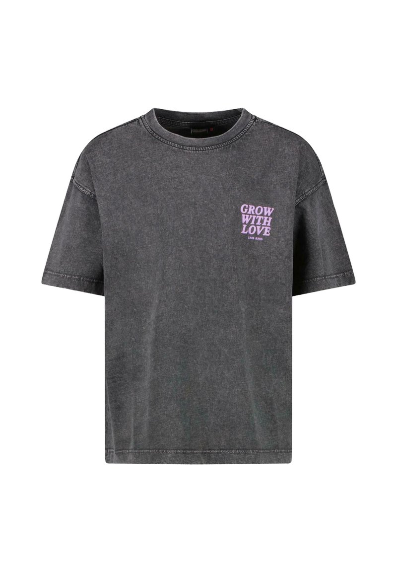 Grijze katoen t-shirt met korte mouwen, ronde halslijn en paarse tekst "GROW WITH LOVE" op de borst. Heeft een relaxte pasvorm en een casual ontwerp.