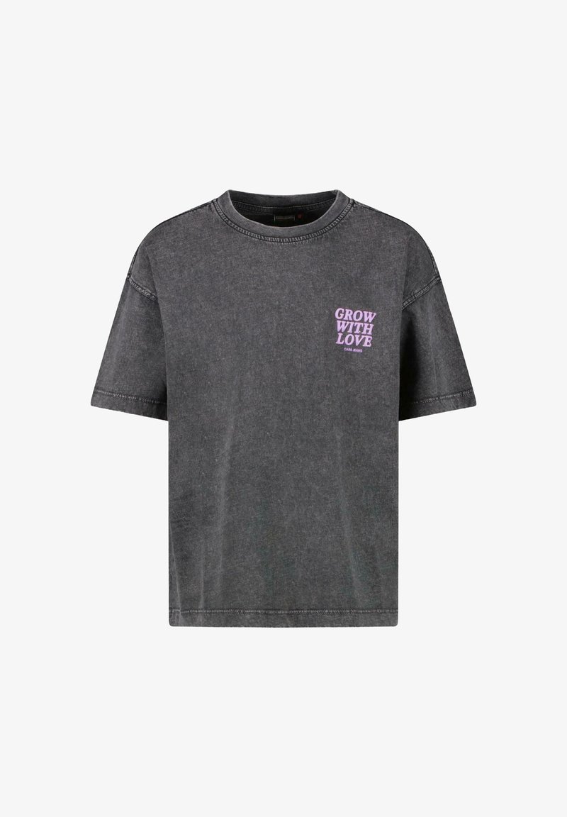 Grijze katoen t-shirt met korte mouwen, ronde halslijn en paarse tekst "GROW WITH LOVE" op de borst. Heeft een relaxte pasvorm en een casual ontwerp.