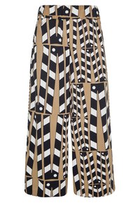 Brown culottes with a graphic black and white stripe pattern. Features an elastic waistband and a loose fit design.