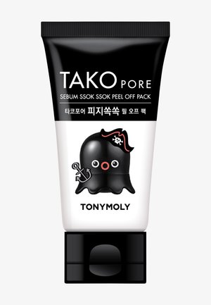 Rør af TONYMOLY Tako Pore Sebum Ssok Ssok Peel Off Pack med sort piratblæksprutteillustration og sort låg.