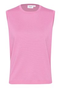 Różowy bezrękawnik dzianinowy z okrągłym dekoltem, o gładkiej teksturze i dopasowanym kroju. Metka głosi "Saint", rozmiar M.