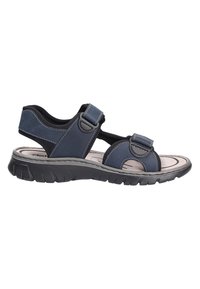 Navy blue sandal made of leather and rubber, featuring two adjustable straps and a cushioned sole with textured details.
