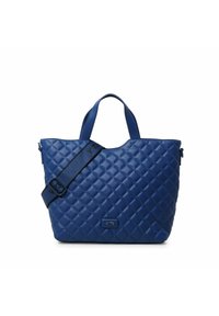 Blauwe gestikte neplederen draagtas met dubbele handvatten en een verwijderbare schouderriem. Voorzien van een logopatch aan de voorkant.