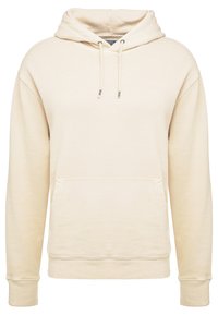 Sweat à capuche beige avec poche kangourou à l'avant, capuche à cordon, poignets et taille côtelés, présenté sur fond blanc.