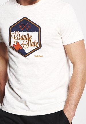 Homme portant un T-shirt blanc avec un logo "Granite State" bleu marine et orange représentant des montagnes et des avirons croisés, avec le nom de la marque Timberland en dessous.