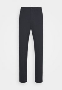 Donkerblauwe pantalon met rechte pijpen, gemaakt van gestructureerde stof. Heeft een sluiting met knopen aan de voorkant en riemlussen. Minimalistisch ontwerp.