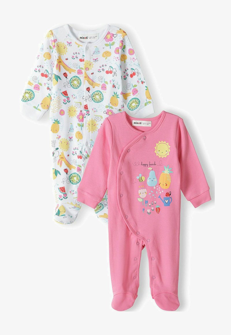 Dva otroška bodi: en bež z barvitimi vzorci sadja, drugi roza s risanimi liki in aplikacijami. Oba imata gumbne zapirale.