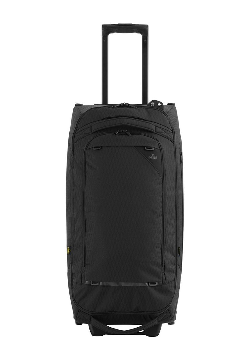 Rolkoffer in zwart textuurstof met een telescopische handgreep, een voorvak en een stevige basis. Voorzien van ritssluitingen en een logo detail.