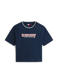 Granatowy bawełniany t-shirt z krótkimi rękawami, z białym kołnierzem i czerwonym logo "tommy JEANS" nadrukowanym na przodzie.