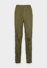 Olijfgroene gekreukte textuur broek met elastische tailleband en slanke rechte pijpen.