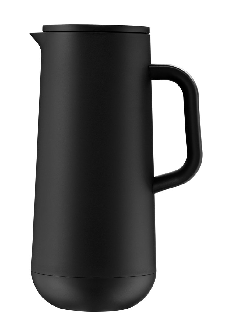 Schwarzer Thermoskanne mit einer glatten, matten Oberfläche, einem gebogenen Ausguss, ergonomischem Griff und abgerundetem Boden. Elegante, zylindrische Form.