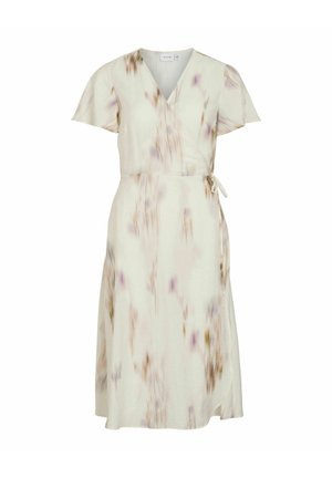 Abito avvolgente crema a maniche corte con delicata stampa floreale viola e marrone, scollatura a V e dettaglio con fiocco laterale.