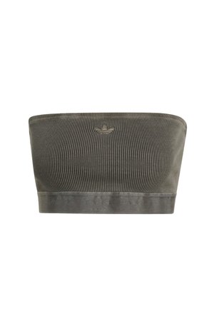 Haut bandeau en tissu côtelé vert olive, avec une large bande ornée d'un logo en relief et une texture lisse. Sans bretelles visibles.