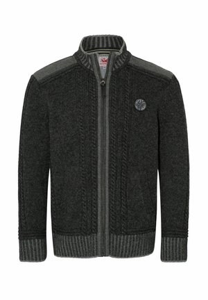 Dunkelgrauer Reißverschluss-Pullover mit geripptem Kragen und Bündchen, ausgestattet mit einem Kabelstrickmuster und einem kleinen Emblem auf der linken Brust.