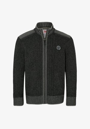 Dark grey zip-up cardigan with ribbed collar and cuffs, featuring cable knit texture and a small emblem on the left chest.