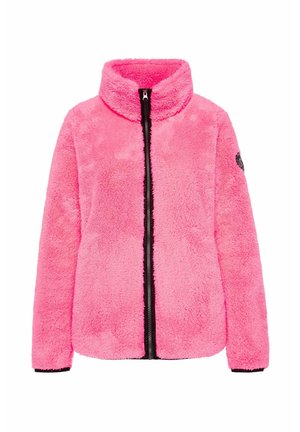 Fuzzy pink jacket with a high collar, full front zipper, and black accents at the zipper and cuffs. Soft texture, casual style.