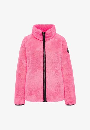 Fuzzy pink jacket with a high collar, full front zipper, and black accents at the zipper and cuffs. Soft texture, casual style.