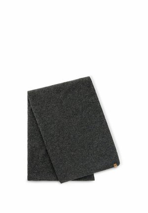 Dark gray wool scarf folded on white background, with a small brown tag on one corner.