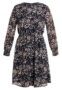 Floral dress featuring a navy background, sheer long sleeves, elastic waist, and a knee-length skirt with a scattered floral pattern in white and beige.