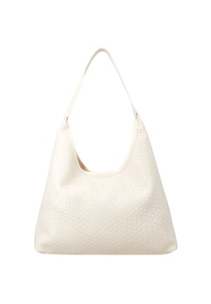 Hvid struktureret læder skuldertaske med en enkelt bred rem og en afslappet, trekantet form.