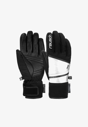 Black and silver gloves made of leather and softshell material. Features a textured grip, adjustable wrist strap, and logo detailing.