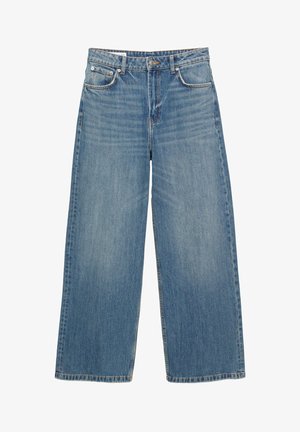 Ljust blå vida jeans i denim. Funktioner inkluderar fem fickor, knappstängning och en ren fåll. Blekt överallt för textur.