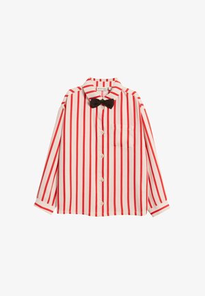 Red and white striped shirt with long sleeves, a black bow tie, button front, single chest pocket, and a collar design.
