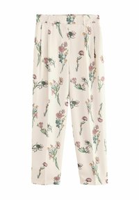 Bloemmotiefbroek in crèmekleurige stof, met roze en groene bloemen, geplooide voorkant, elastische tailleband en rechte pijpen.