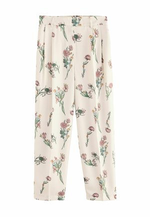 Pantaloni a fiori in tessuto crema, con fiori rosa e verdi, fronte plissettato, vita elastica e gambe a taglio dritto.