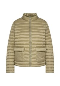 Olivgrüne, gepolsterte Jacke mit Reißverschluss, Stehkragen und zwei Brusttaschen. Mit horizontaler, gesteppten Textur. Leichtes Material.