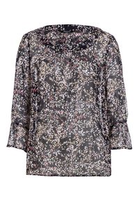 Schwarze Bluse mit Blumenmuster aus transparenter Stoff, mit rundem Halsausschnitt, Dreiviertelärmeln und einem dezenten floralen Muster in Rosa- und Cremetönen.