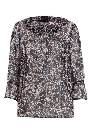Schwarze Bluse mit Blumenmuster aus transparenter Stoff, mit rundem Halsausschnitt, Dreiviertelärmeln und einem dezenten floralen Muster in Rosa- und Cremetönen.