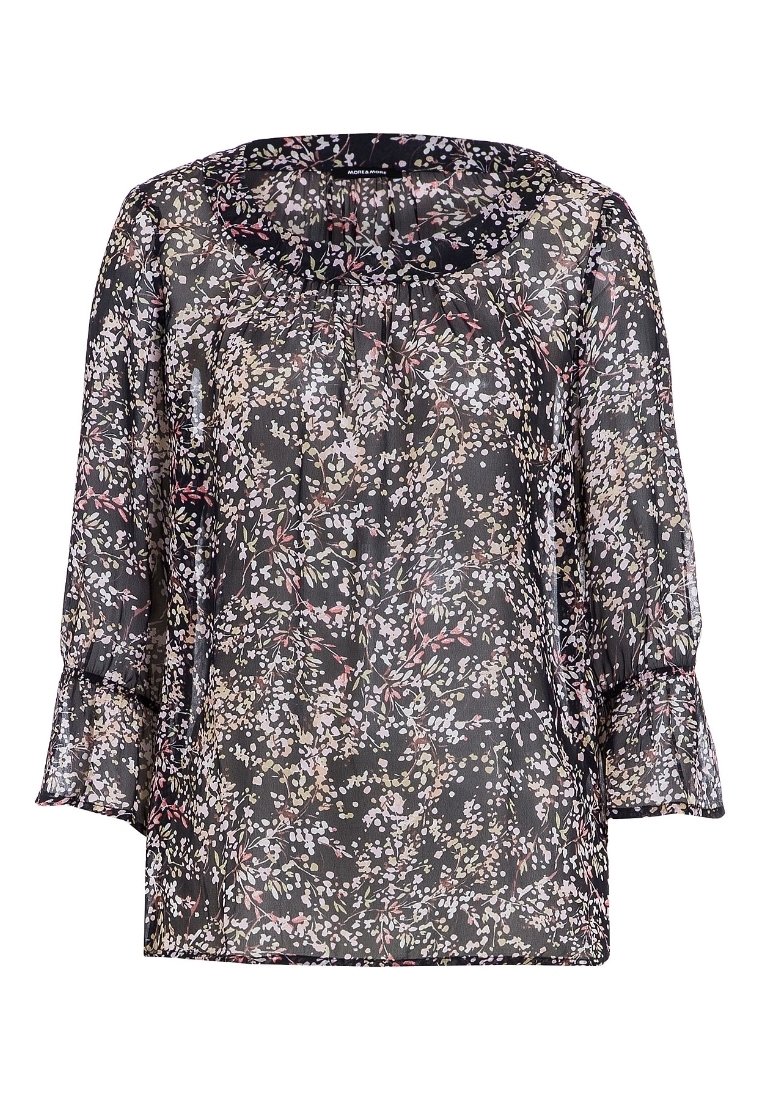 Schwarze Bluse mit Blumenmuster aus transparenter Stoff, mit rundem Halsausschnitt, Dreiviertelärmeln und einem dezenten floralen Muster in Rosa- und Cremetönen.