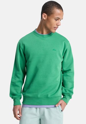 Jonge man die naar beneden kijkt, gekleed in een groene sweater over een paars shirt en lichtgekleurde broek, staande tegen een effen achtergrond.