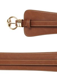 Pruun nahast vöö sileda tekstuuriga, kuldselt toonitud ümmarguse pandla ja servades õmmeldud detailidega.