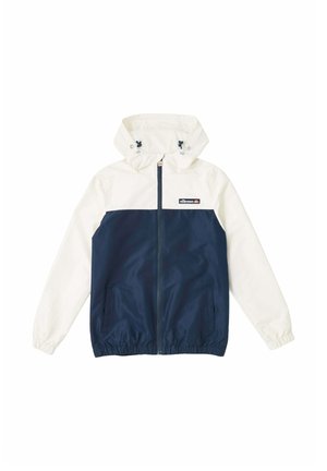 Veste coupe-vent à capuche avec haut blanc, bas bleu marine, fermeture éclair à l'avant, poignets élastiques, deux poches latérales et petit logo ellesse sur la poitrine.