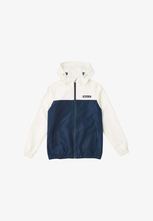 Hooded windbreaker jacket with white top, navy bottom, front zipper, elastic cuffs, two side pockets, and small ellesse logo on chest.