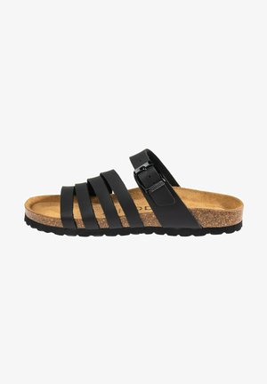 Black slide sandal with four thick straps, cork footbed, and black rubber sole. Features adjustable buckle strap for a customized fit.