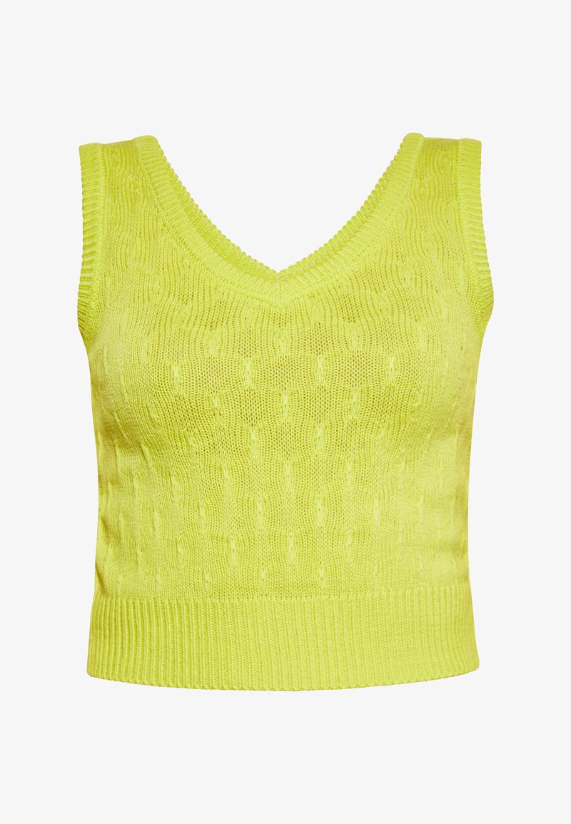 Gelbes gestricktes ärmelloses Oberteil mit V-Ausschnitt, das ein strukturiertes Muster und einen gerippten Saum aufweist. Das Material scheint leicht und atmungsaktiv zu sein.