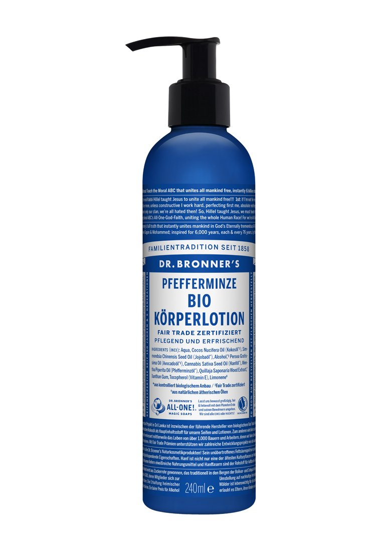 Blå cylindrisk flaska med svart pumpknopp. Innehåller vit och blå text som beskriver ingredienser och produktinformation. Innehåller 240 ml.