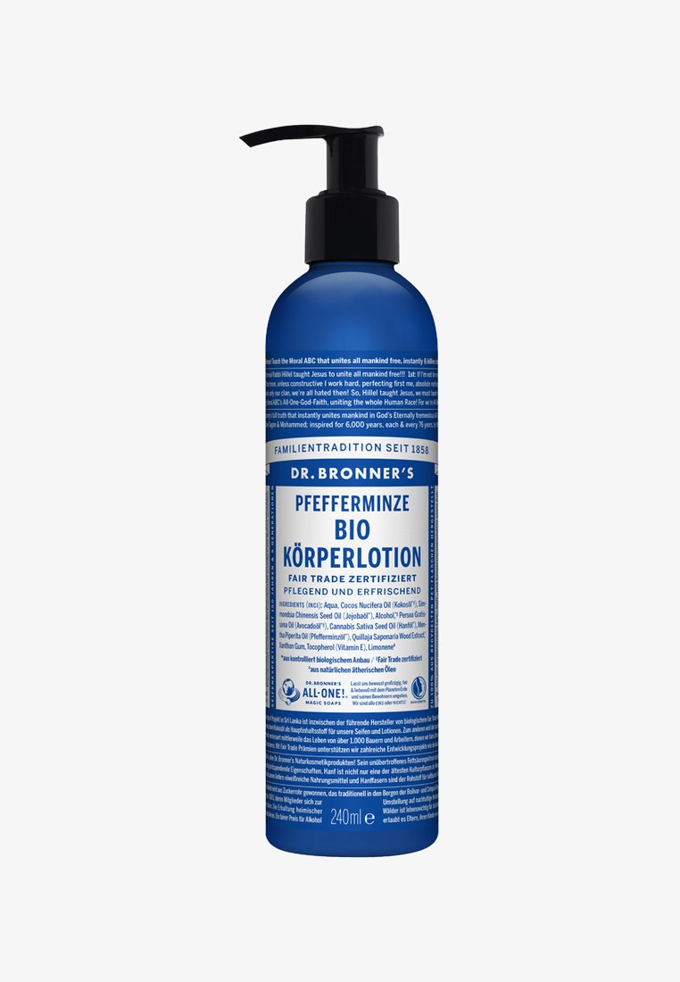 Blauwe cilindervormige fles met een zwarte pompkop. Bevat witte en blauwe tekst met details over ingrediënten en productinformatie. Bevat 240 ml.