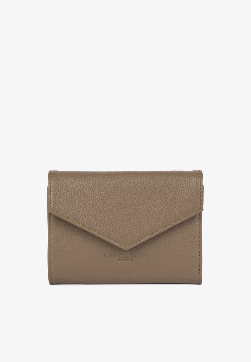 Leather wallet in a taupe color, featuring a textured surface, triangular flap closure, and embossed branding on the front.