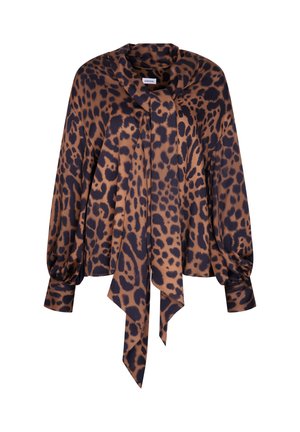 Braun- und schwarzgefleckte Bluse mit einem Bindeband am Ausschnitt, langen Puffärmel und glattem Stoff.