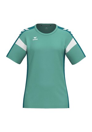 Korte mouwen teal sportshirt met witte en donker teal strepen op schouders en mouwen, met het Erima-logo op de borst.