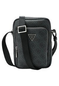 Borsa a spalla in tessuto nero con un discreto motivo a logo, tracolla regolabile, chiusura con zip e dettaglio in metallo a forma di triangolo con logo sul davanti.