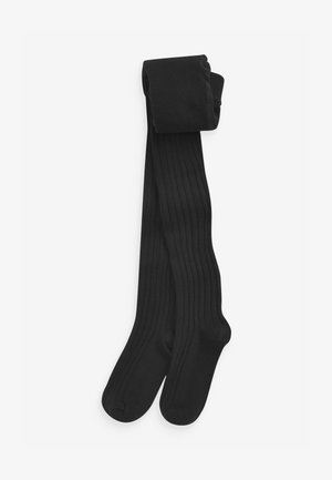 Collant neri a costine con una texture liscia, che presentano una vestibilità aderente e gambe affusolate, ripiegati ordinatamente nella parte superiore per una facile conservazione.
